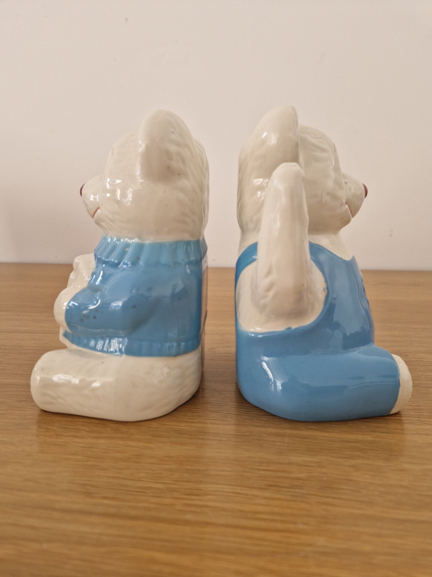 Vintage Teddy Blue and White  Ceramic  Bookends