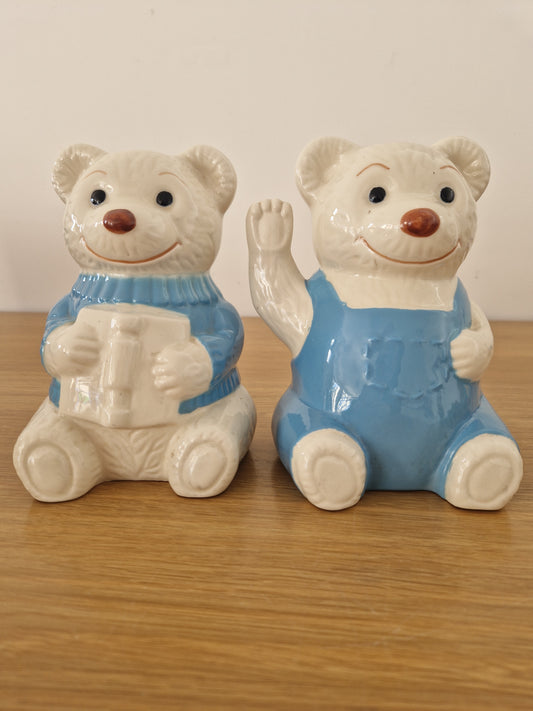 Vintage Teddy Blue and White  Ceramic  Bookends