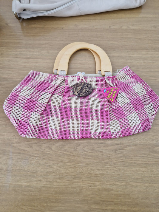 Woven pink and cream top handle bag