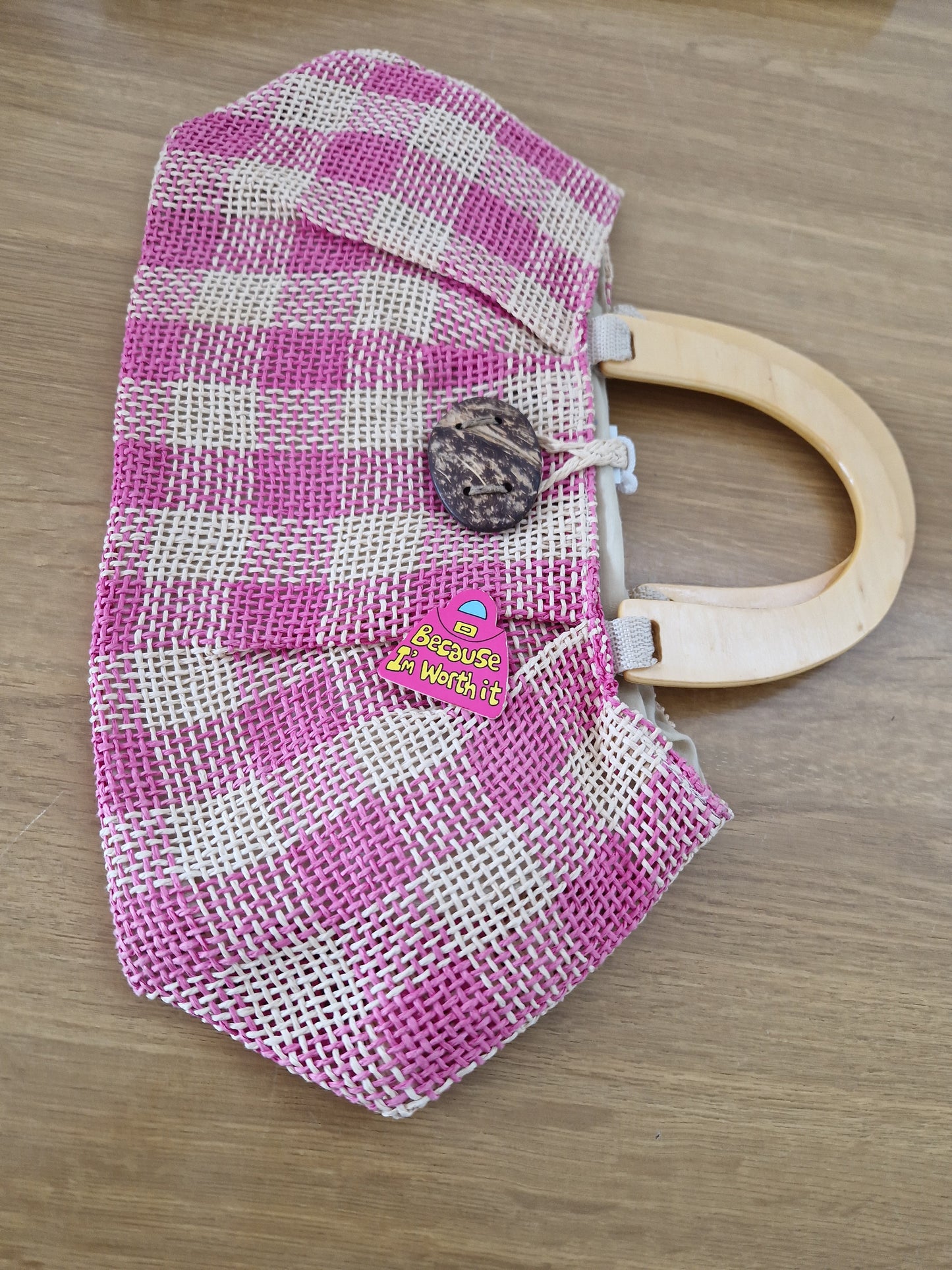 Woven pink and cream top handle bag