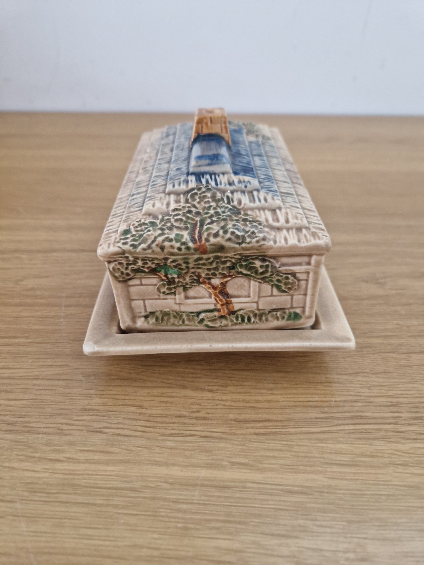 Vintage Ceramic Butter or Cheese Dish with Cottage Design.