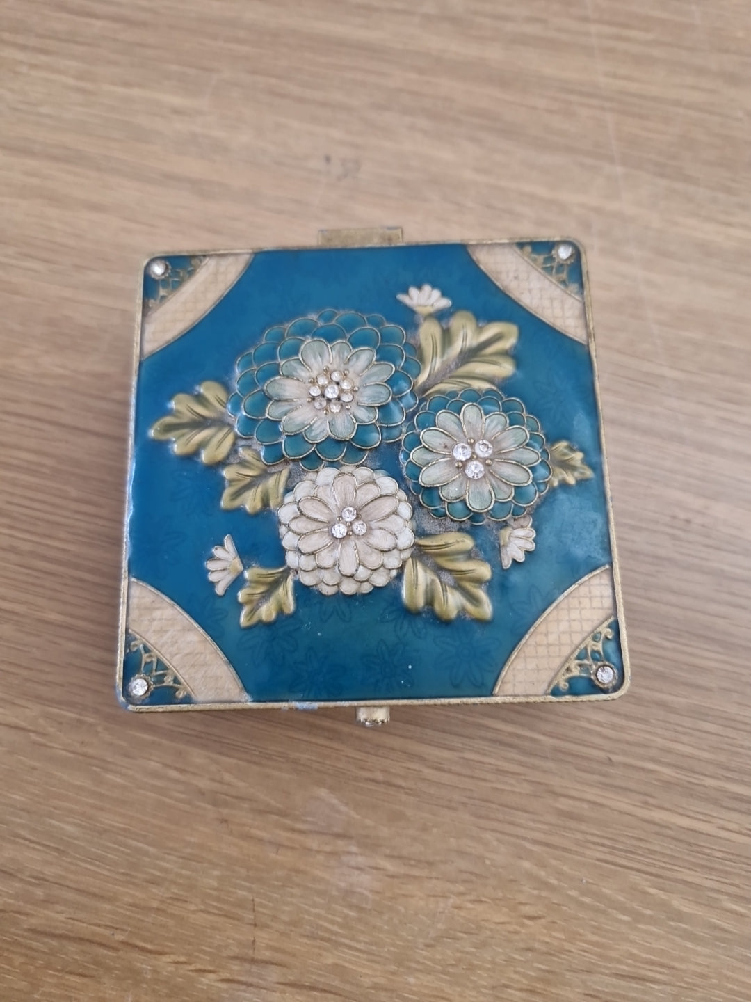 Green Enamelled trinket  box mirror and lined