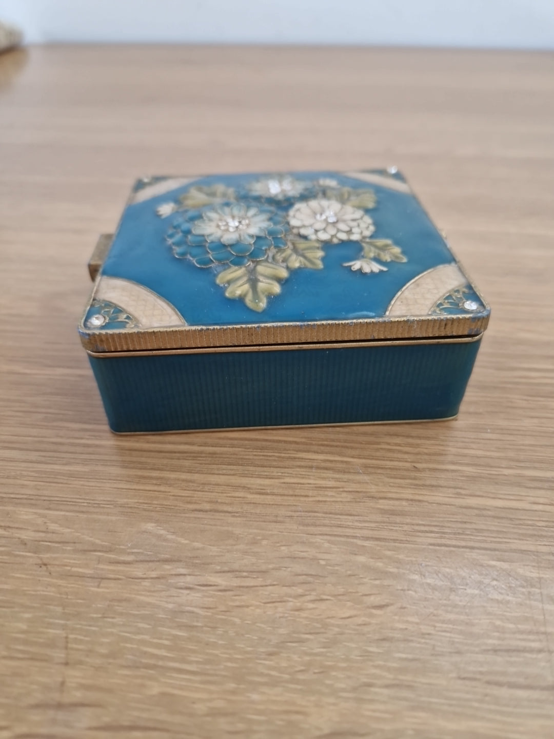 Green Enamelled trinket  box mirror and lined