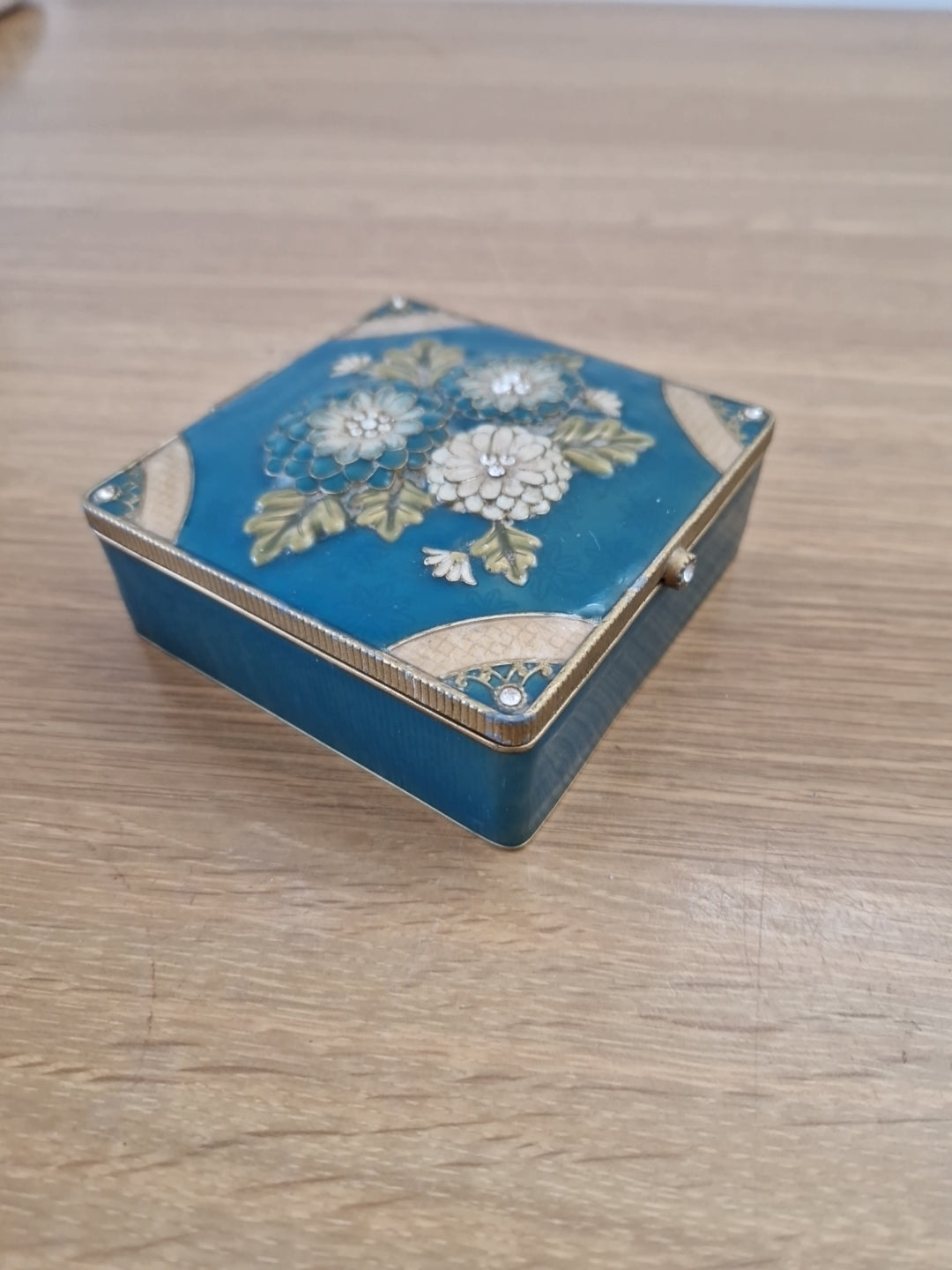 Green Enamelled trinket  box mirror and lined